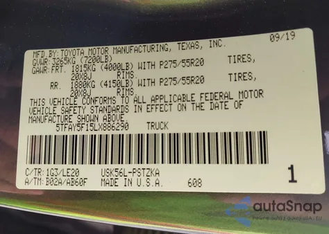 2020 Toyota Tundra Platinum from USA, damaged, VIN 5TFAY5F15LX886290